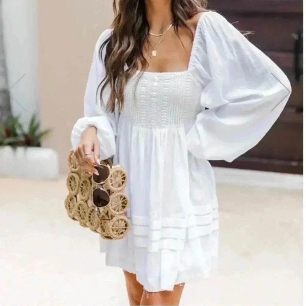 PINK LIlY Women’s White Mini Dress with Puff Sleeves Size